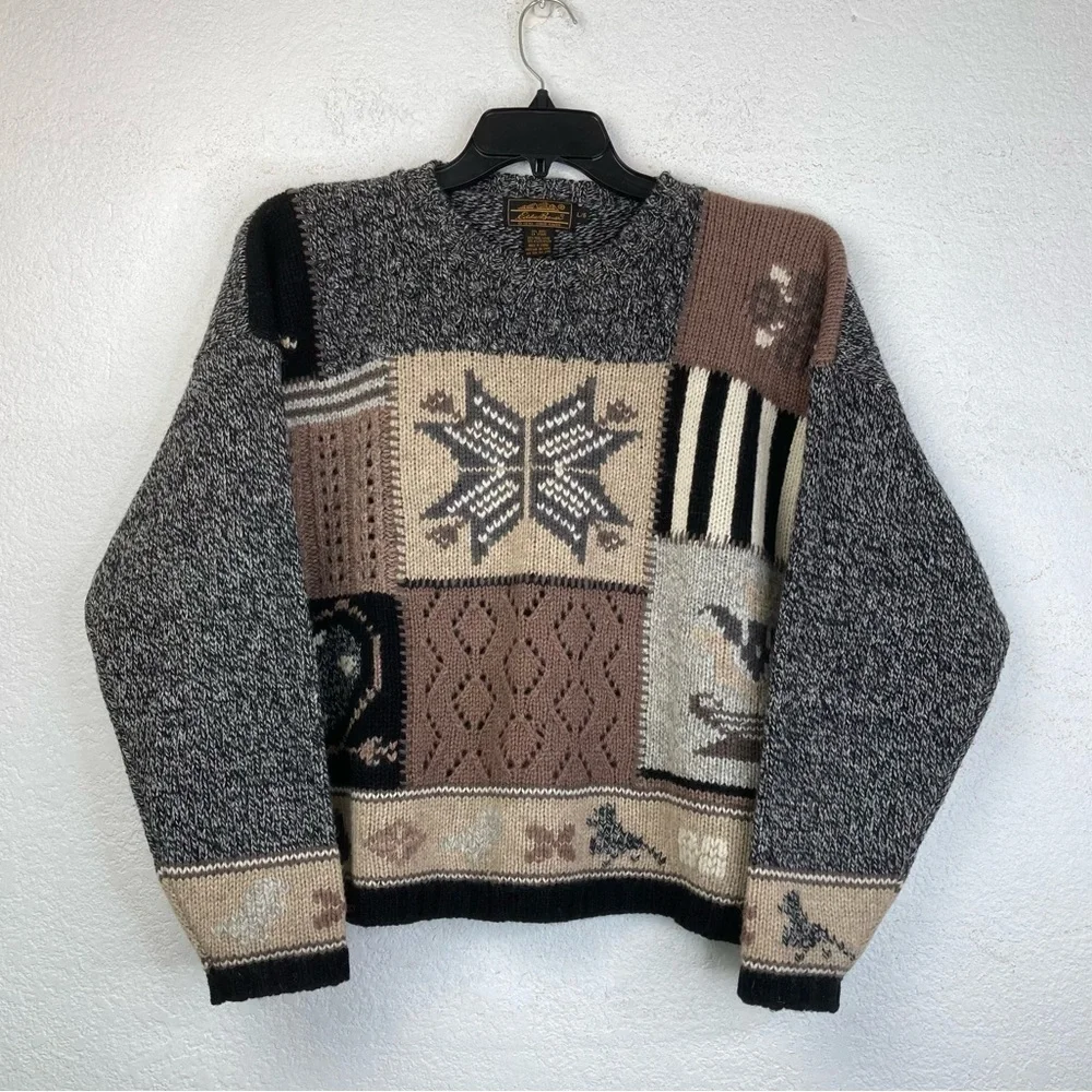 Vintage Eddie Bauer Patchwork Cable Crochet Knit Sweater Cozy Nordic Design Sz.L - Picture 3 of 12
